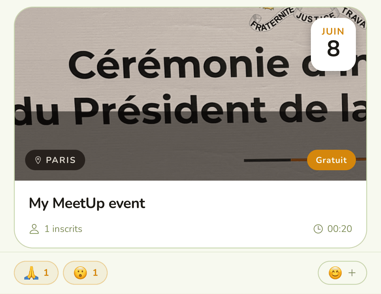 Carte événement avec date, lieu et réactions